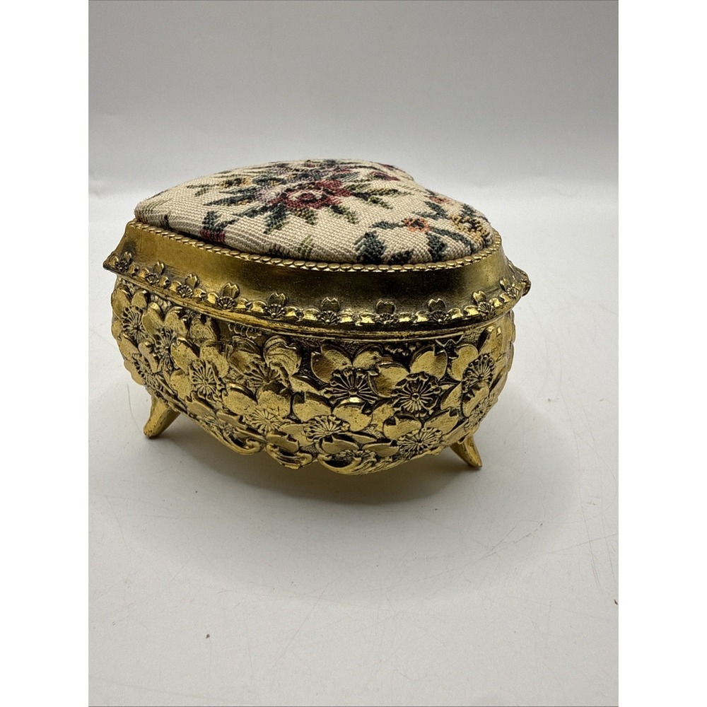 Vintage Floral Tapestry Jewelry Trinket Box Japan Brass Gold Tone Needlepoint - Picture 8 of 11